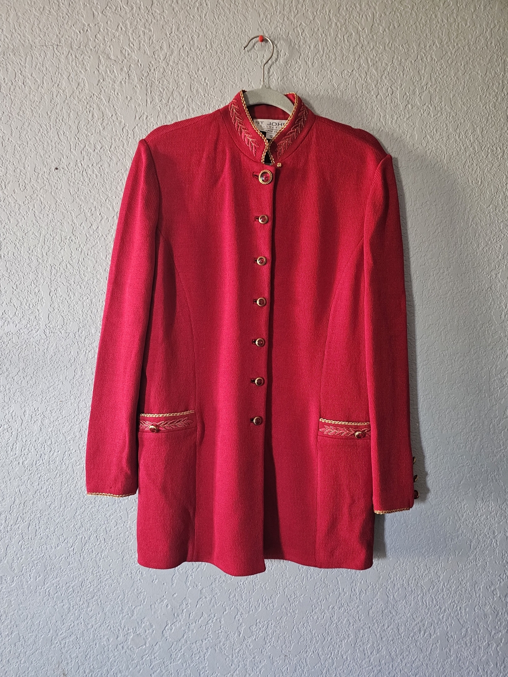 Vintage St. John Collection Red Knit Mandarin Collar Jacket Coat Gold Trim